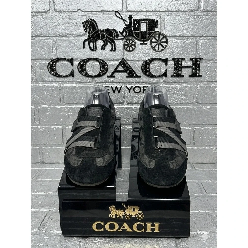 Coach Signature 🖤Jacquard Z-Strap Sneakers Black Grey Suede Trim Low Top Shoes - Picture 2 of 12